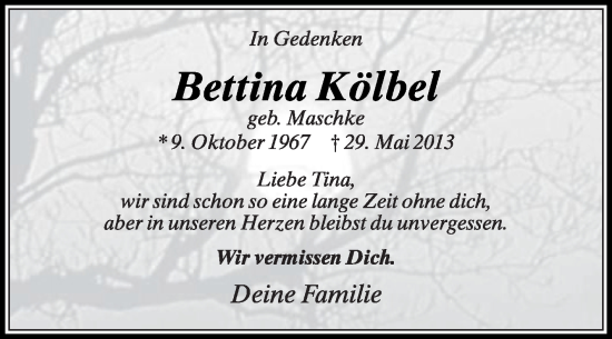 Traueranzeige von Bettina Kölbel von Die Glocke