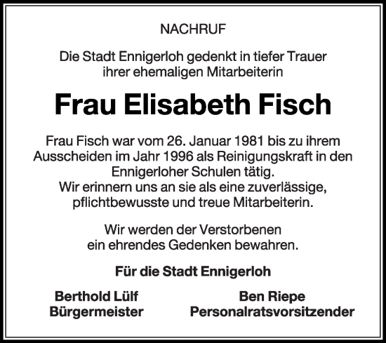 Traueranzeige von Elisabeth Fisch von Die Glocke