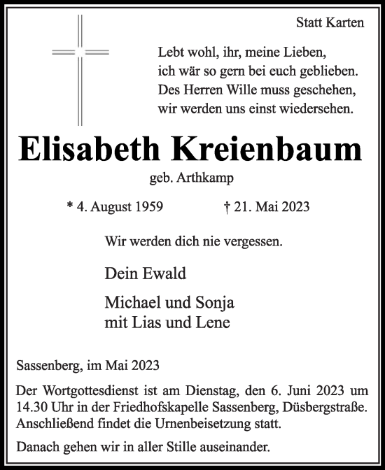 Traueranzeige von Elisabeth Kreienbaum von Die Glocke