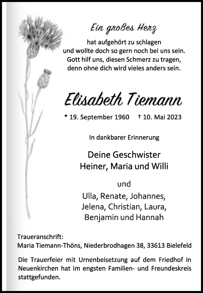  Traueranzeige für Elisabeth Tiemann vom 27.05.2023 aus Die Glocke