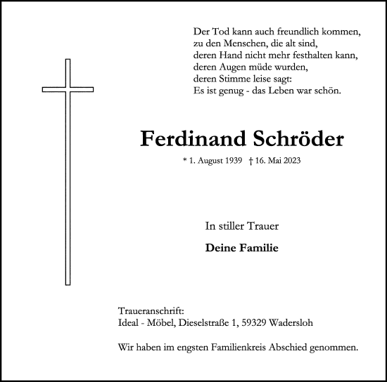 Traueranzeige von Ferdinand Schröder von Die Glocke