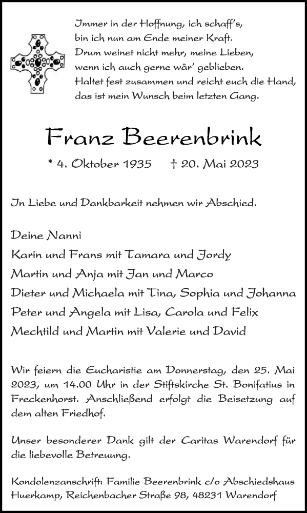  Traueranzeige für Franz Beerenbrink vom 23.05.2023 aus Die Glocke
