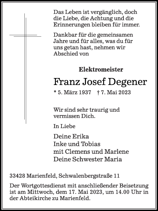 Traueranzeige von Franz Josef Degener von Die Glocke