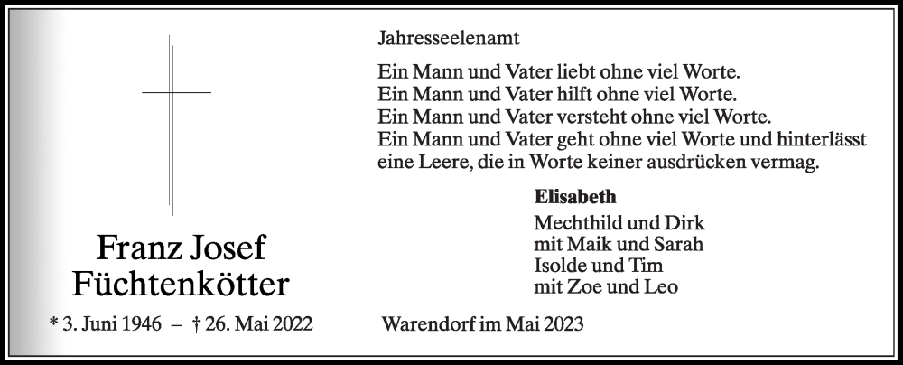  Traueranzeige für Franz Josef Füchtenkötter vom 26.05.2023 aus Die Glocke