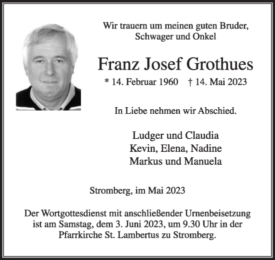 Traueranzeige von Franz Josef Grothues von Die Glocke