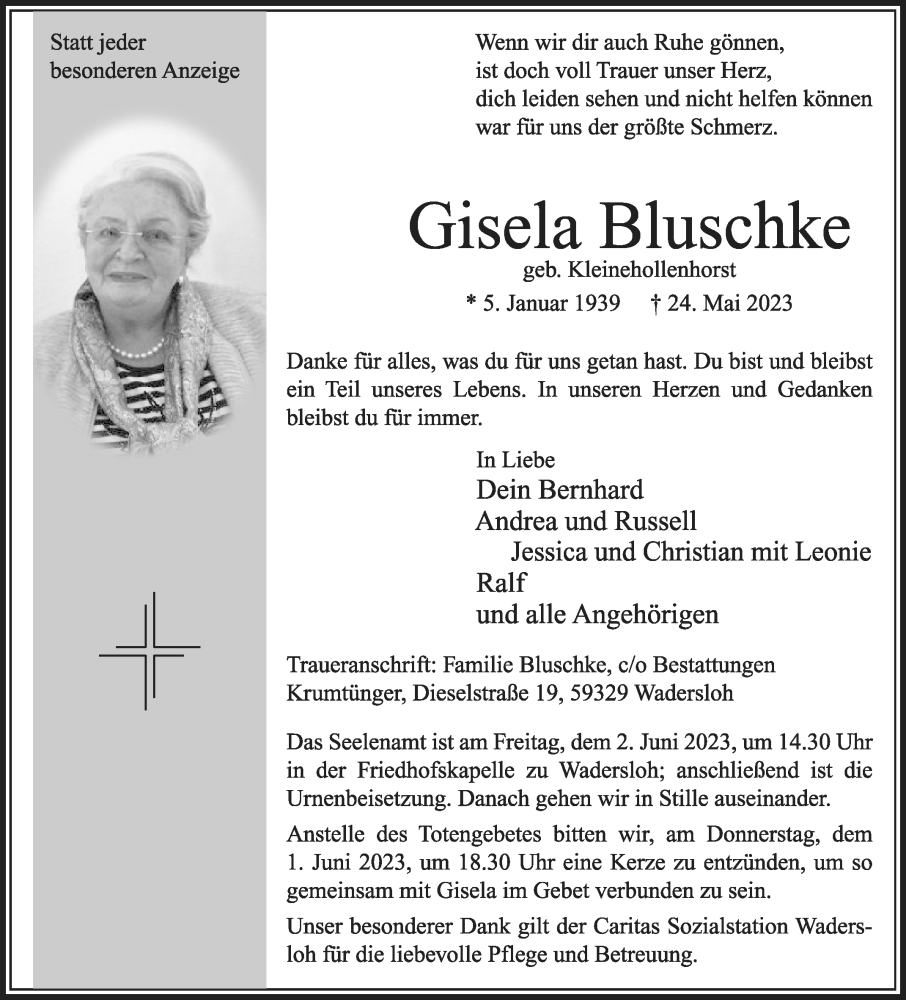  Traueranzeige für Gisela Bluschke vom 27.05.2023 aus Die Glocke