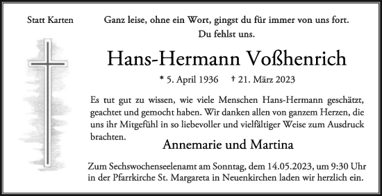 Traueranzeige von Hans-Hermann Voßhenrich von Die Glocke