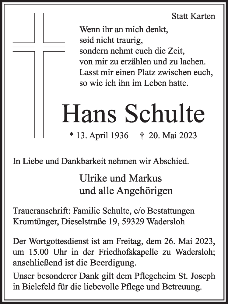 Traueranzeige für Hans Schulte vom 24.05.2023 aus Die Glocke
