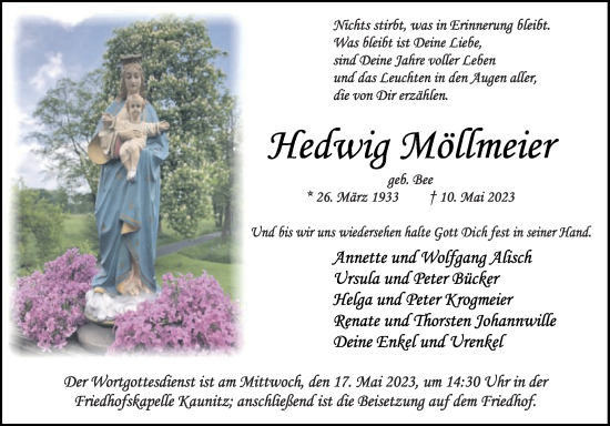 Traueranzeige von Hedwig Möllmeier von Die Glocke