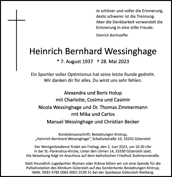 Traueranzeige von Heinrich Bernhard Wessinghage von Die Glocke