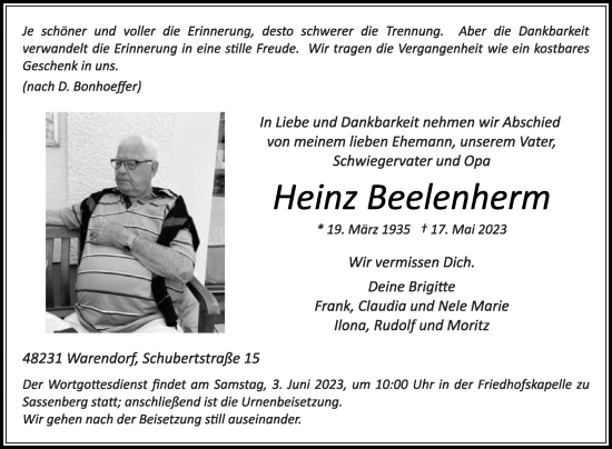Traueranzeige von Heinz Beelenherm von Die Glocke