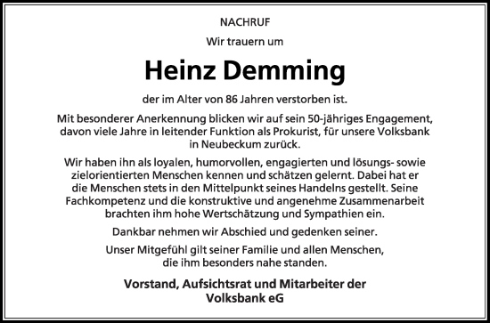 Traueranzeige von Heinz Demming von Die Glocke