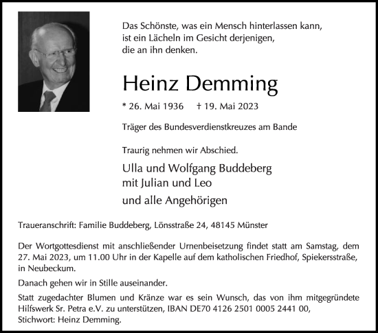 Traueranzeige von Heinz Demming von Die Glocke