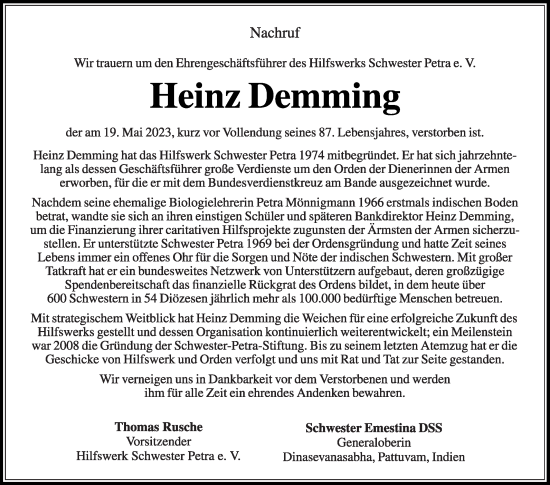 Traueranzeige von Heinz Demming von Die Glocke