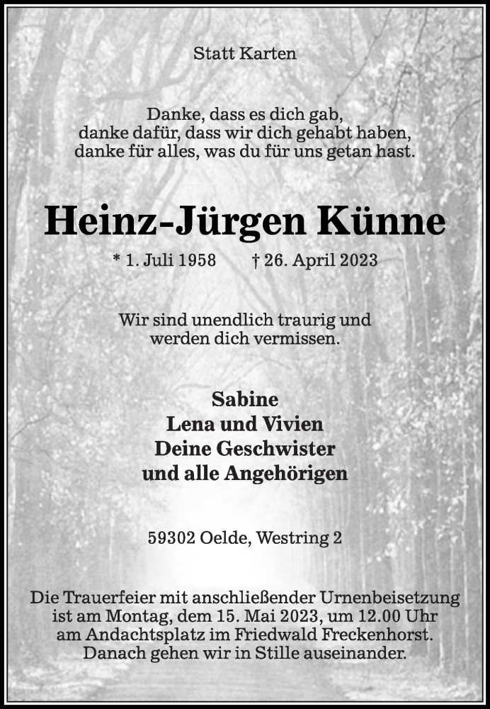  Traueranzeige für Heinz-Jürgen Künne vom 06.05.2023 aus Die Glocke