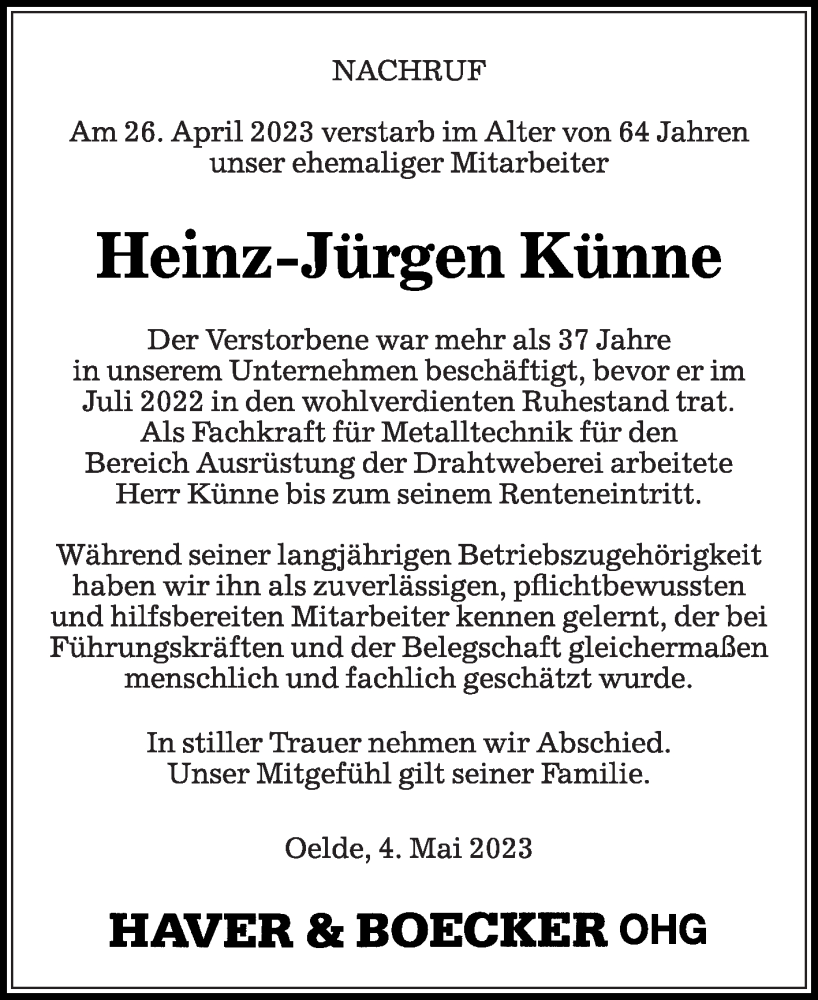  Traueranzeige für Heinz-Jürgen Künne vom 06.05.2023 aus Die Glocke