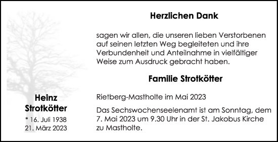 Traueranzeige von Heinz Strotkötter von Die Glocke