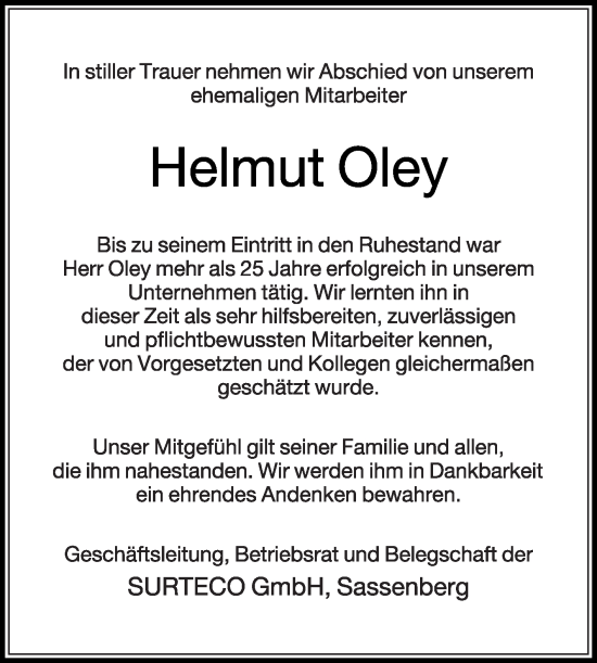 Traueranzeige von Helmut  Oley von Die Glocke