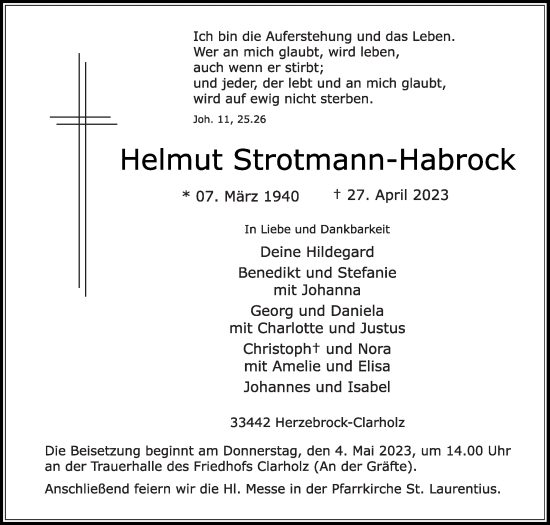 Traueranzeige von Helmut Strotmann-Habrock von Die Glocke