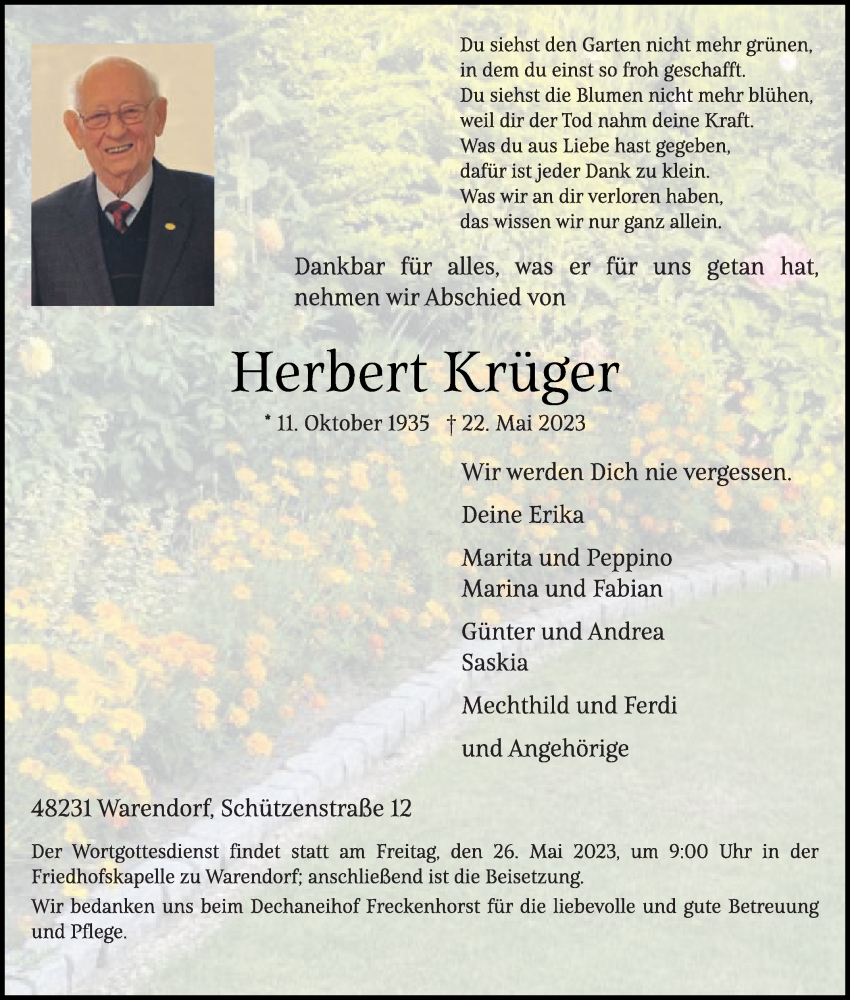  Traueranzeige für Herbert Krüger vom 24.05.2023 aus Die Glocke