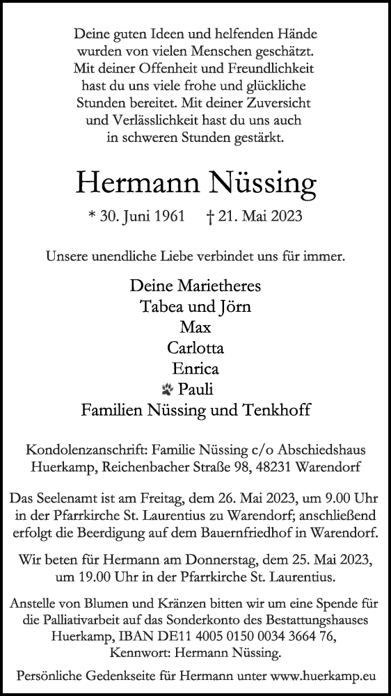  Traueranzeige für Hermann Nüssing vom 24.05.2023 aus Die Glocke