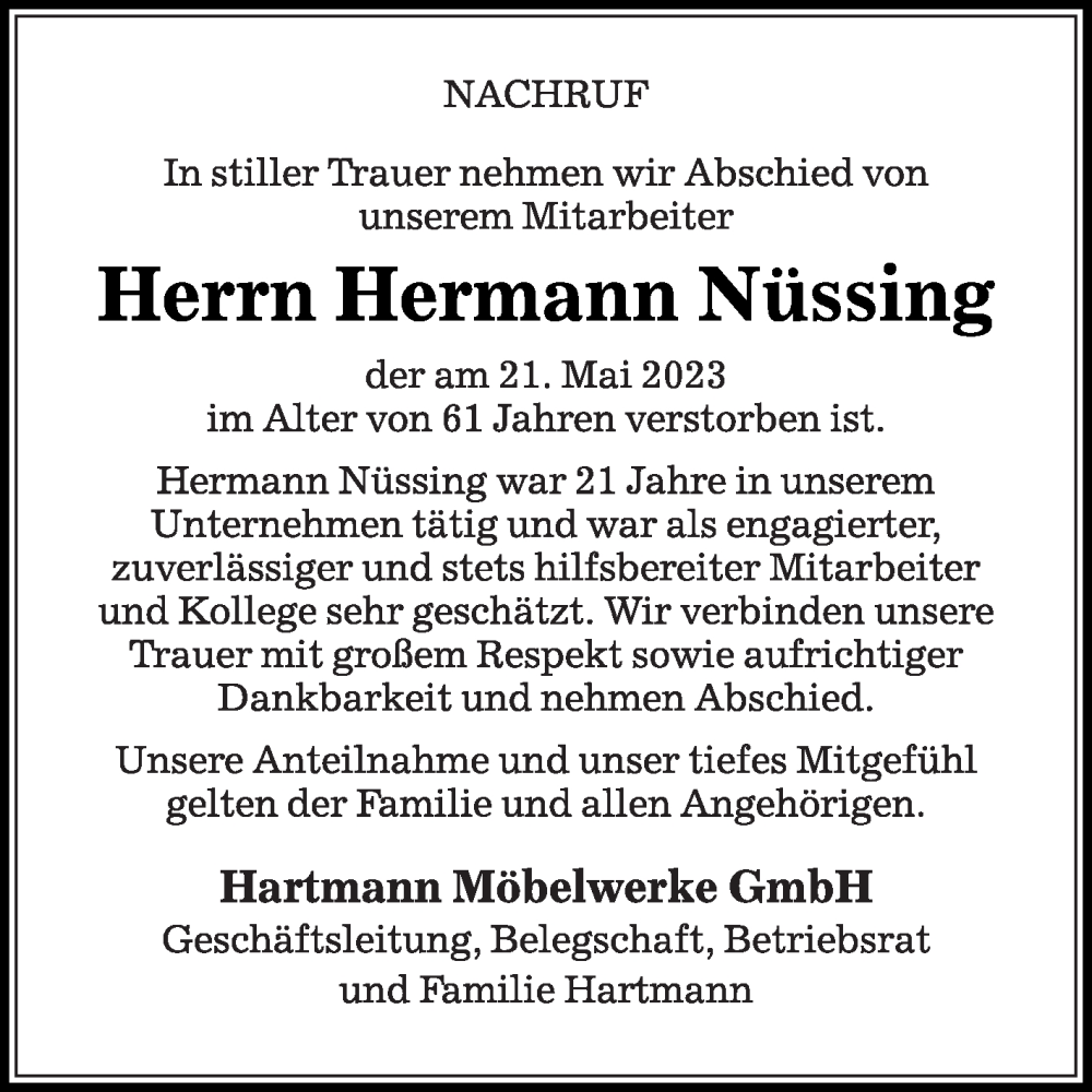  Traueranzeige für Hermann Nüssing vom 27.05.2023 aus Die Glocke
