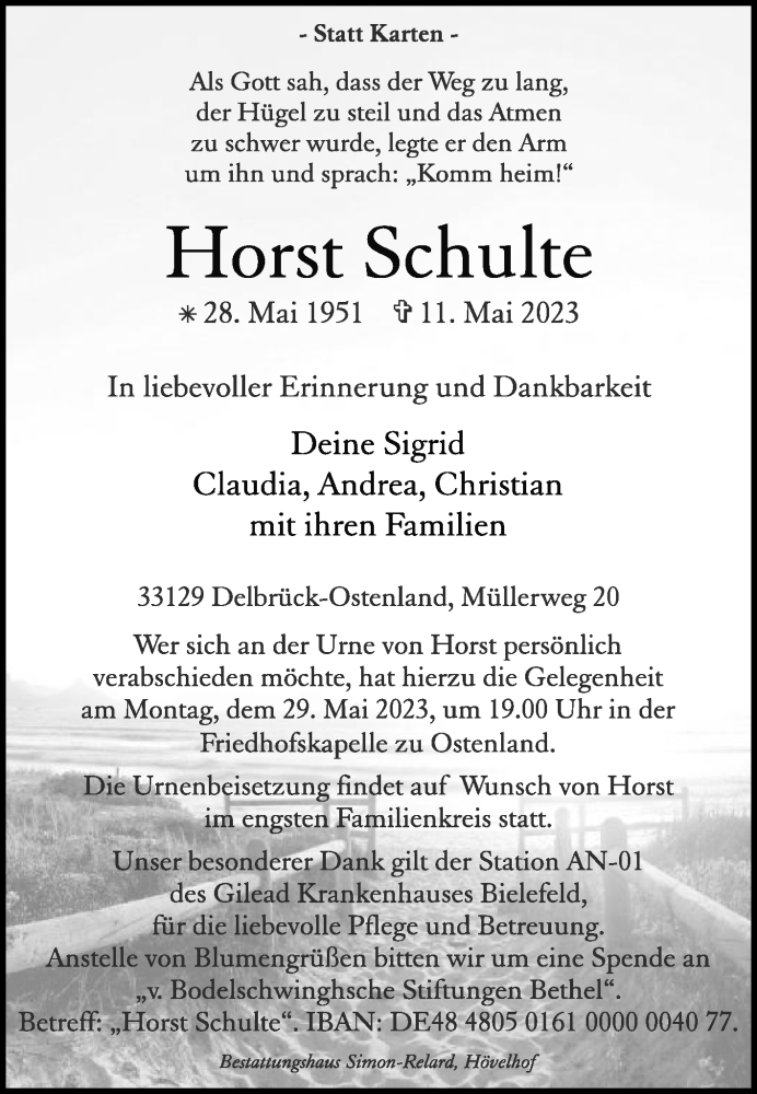 Traueranzeige für Horst Schulte vom 20.05.2023 aus Die Glocke