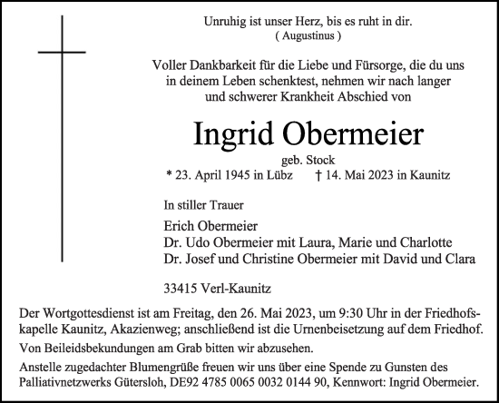 Traueranzeige von Ingrid Obermeier von Die Glocke