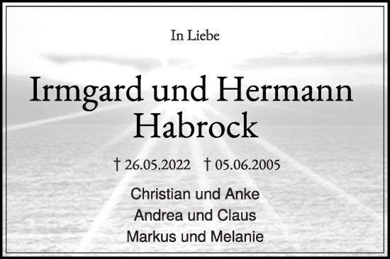 Traueranzeige von Irmgard Habrock von Die Glocke