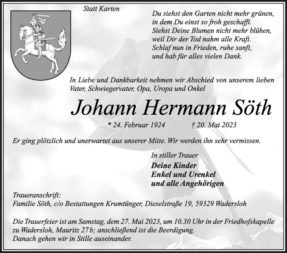  Traueranzeige für Johann Hermann Söth vom 24.05.2023 aus Die Glocke