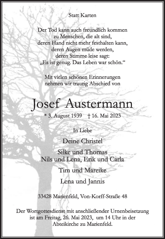 Traueranzeige von Josef Austermann von Die Glocke