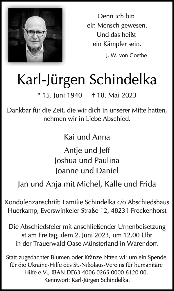  Traueranzeige für Karl-Jürgen Schindelka vom 27.05.2023 aus Die Glocke