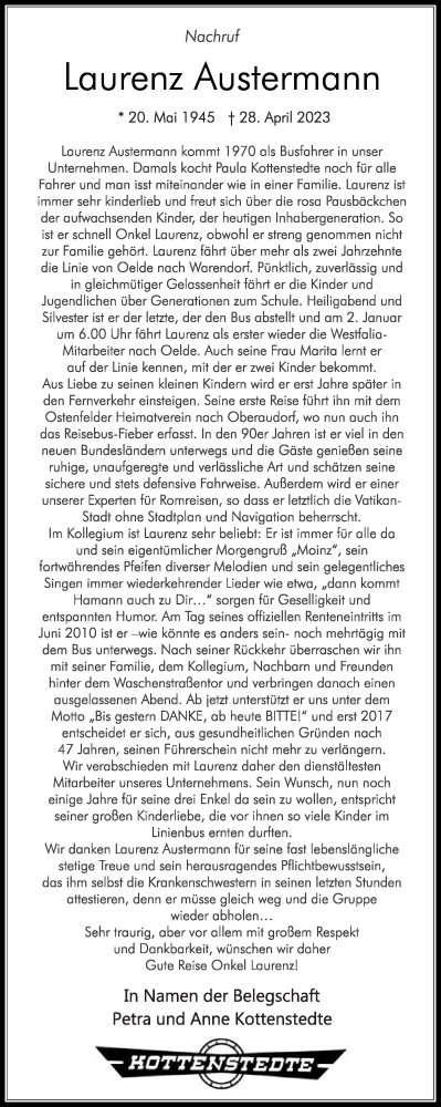 Traueranzeige von Laurenz Austermann von Die Glocke