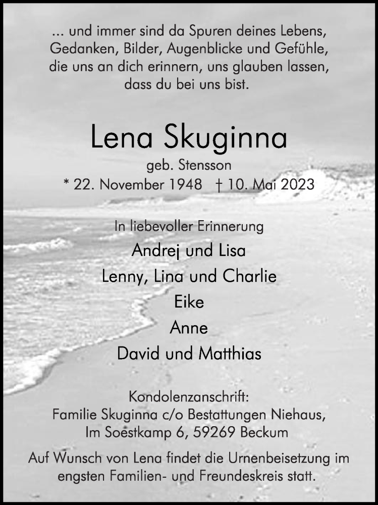  Traueranzeige für Lena Skuginna vom 20.05.2023 aus Die Glocke