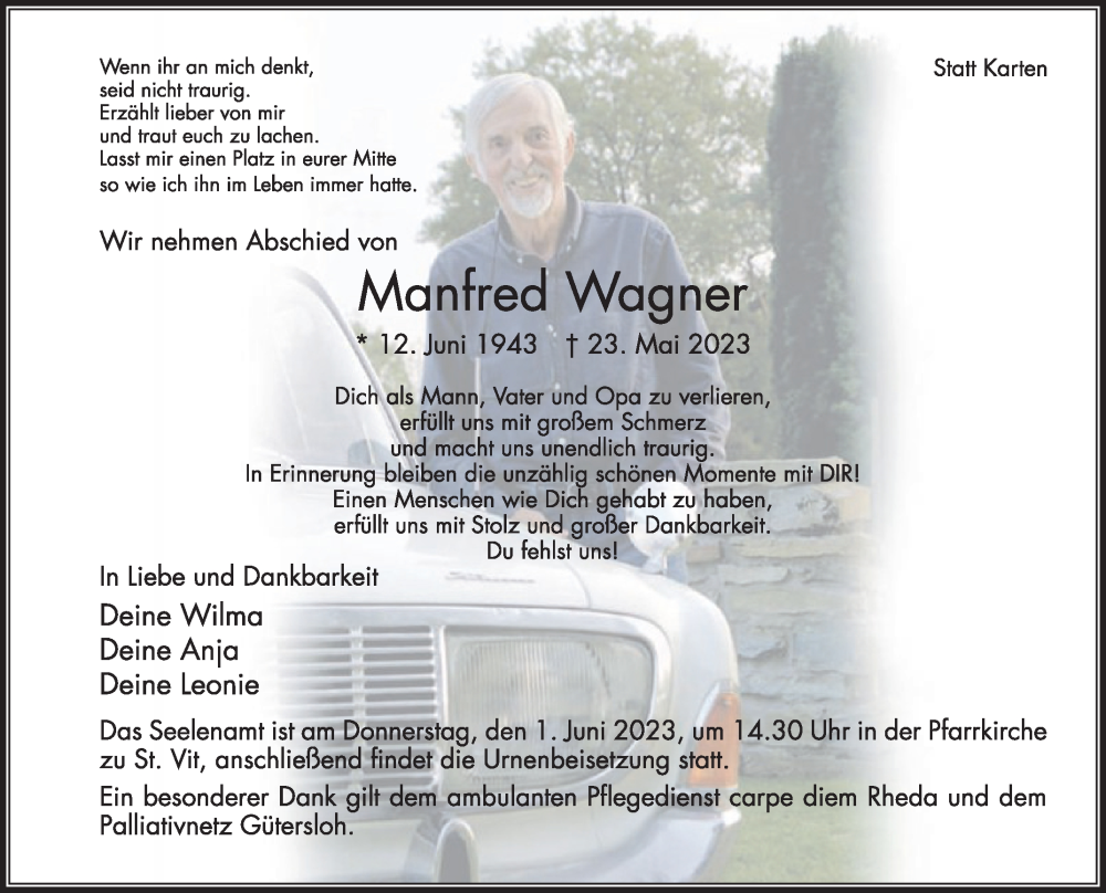  Traueranzeige für Manfred Wagner vom 27.05.2023 aus Die Glocke