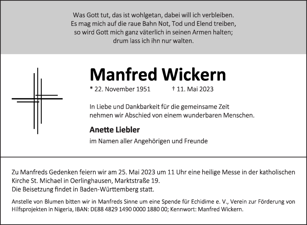  Traueranzeige für Manfred Wickern vom 20.05.2023 aus Die Glocke