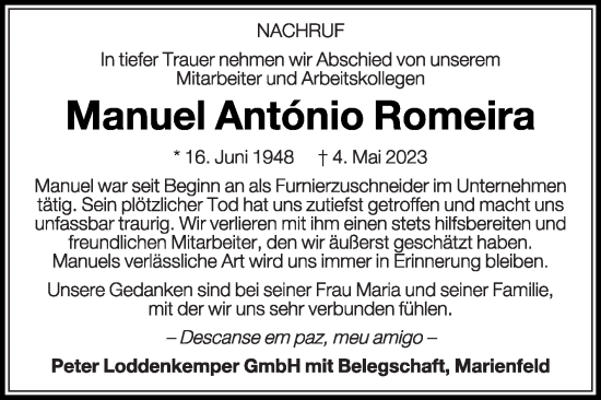 Traueranzeige von Manuel Antonio Romeira von Die Glocke