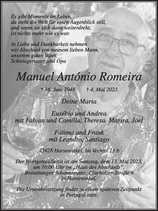 Traueranzeige von Manuel Antonio Romeira von Die Glocke