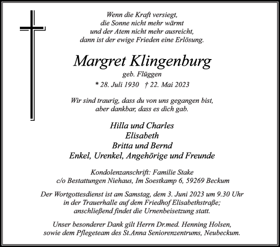 Traueranzeige von Margret Klingenburg von Die Glocke