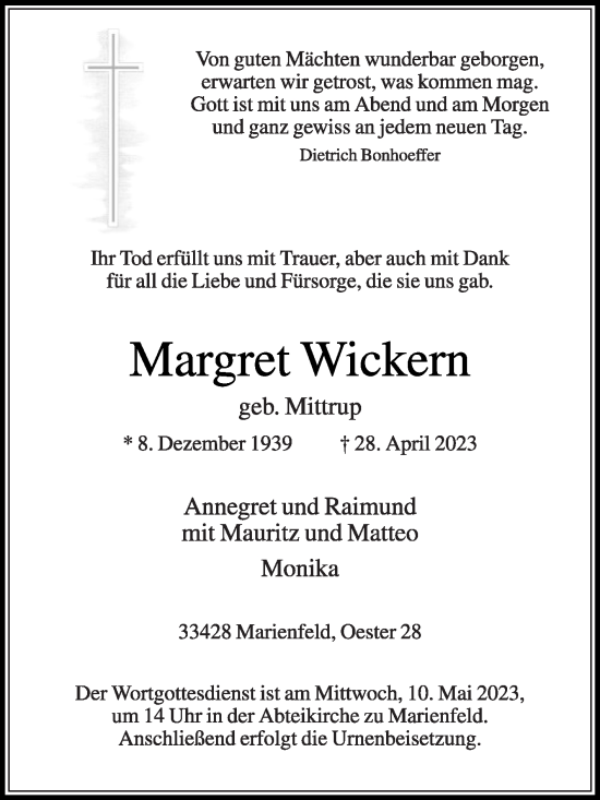 Traueranzeige von Margret Wickern von Die Glocke