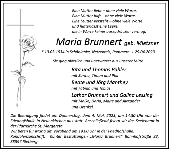 Traueranzeige von Maria Brunnert von Die Glocke