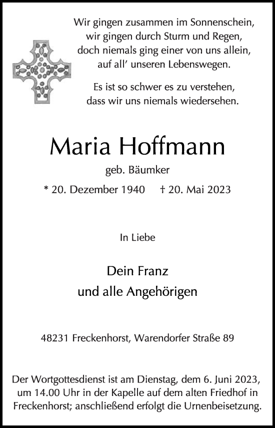 Traueranzeige von Maria Hoffmann von Die Glocke