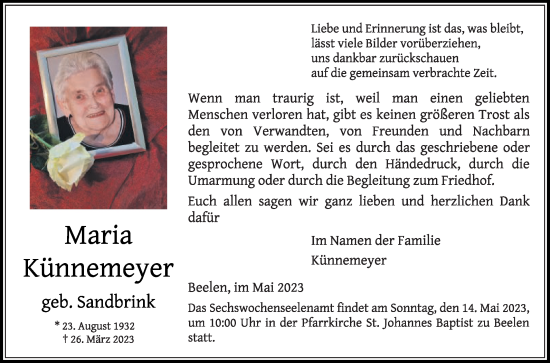 Traueranzeige von Maria Künnemeyer von Die Glocke