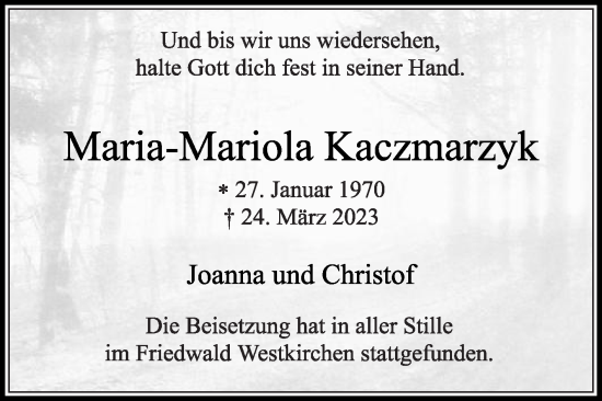 Traueranzeige von Maria-Mariola Kaczmarzyk von Die Glocke