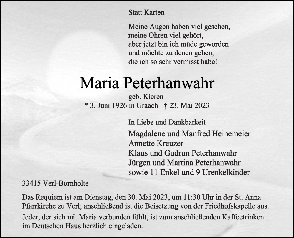  Traueranzeige für Maria Peterhanwahr vom 25.05.2023 aus Die Glocke