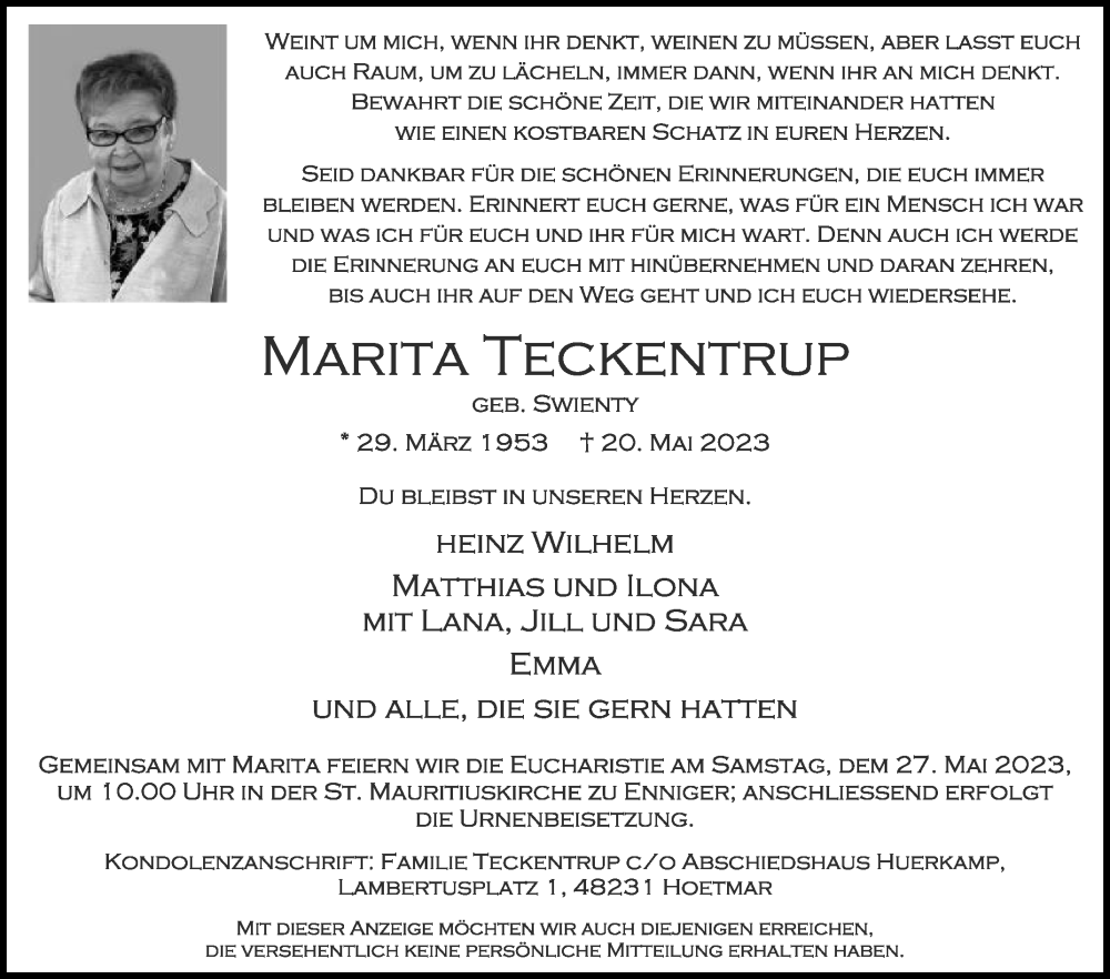  Traueranzeige für Marita Teckentrup vom 24.05.2023 aus Die Glocke