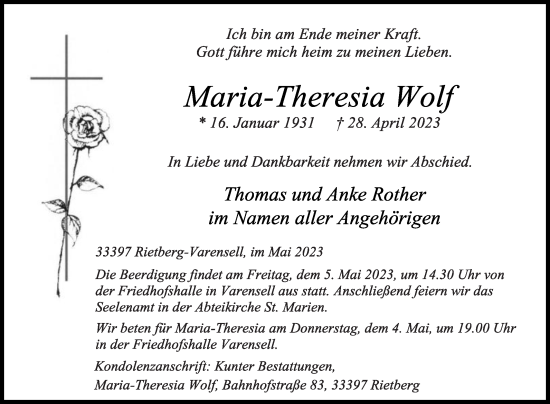 Traueranzeige von Maria-Theresia Wolf von Die Glocke