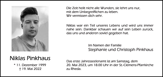 Traueranzeige von Niklas Pinkhaus von Die Glocke