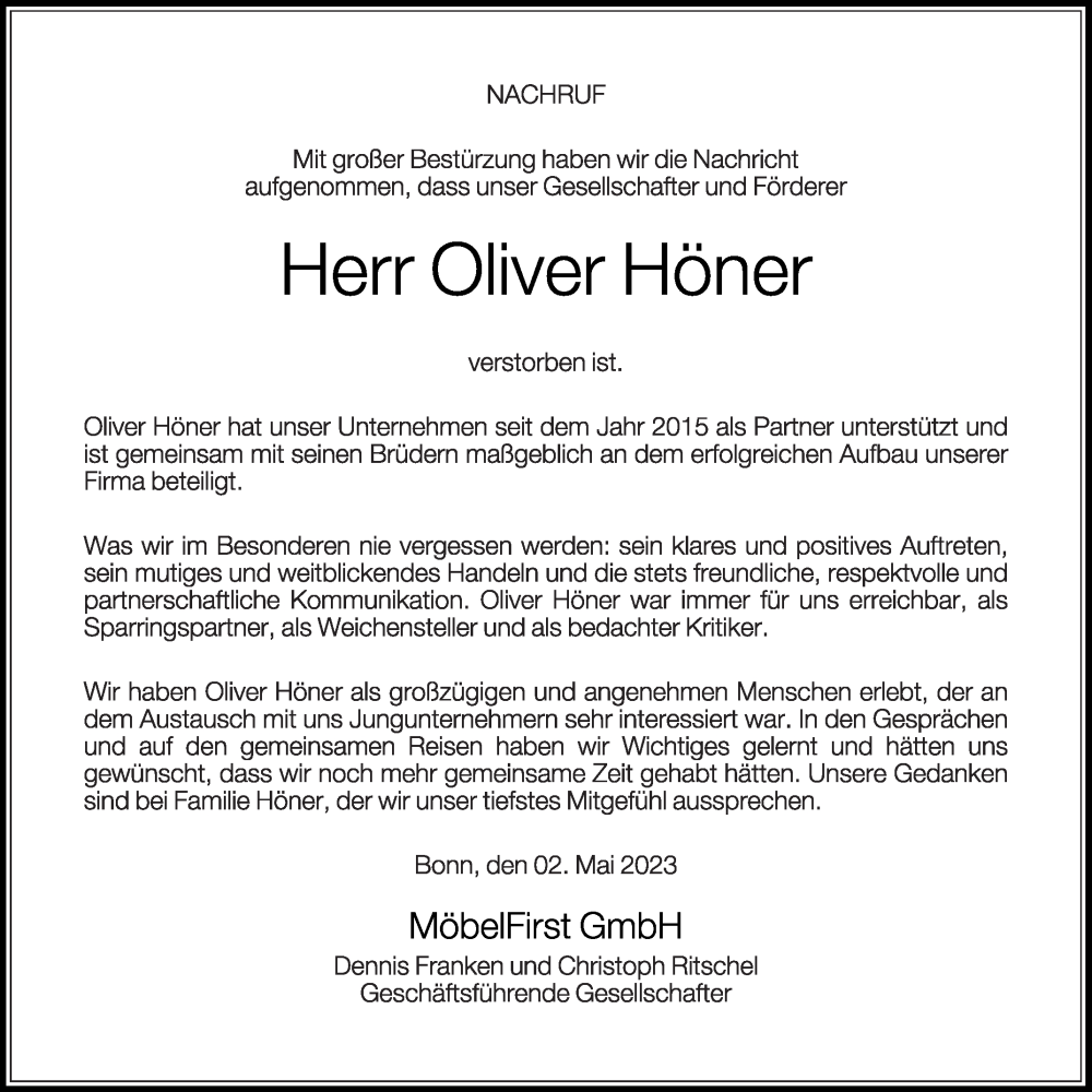  Traueranzeige für Oliver Höner vom 04.05.2023 aus Die Glocke