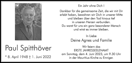 Traueranzeige von Paul Spitthöver von Die Glocke